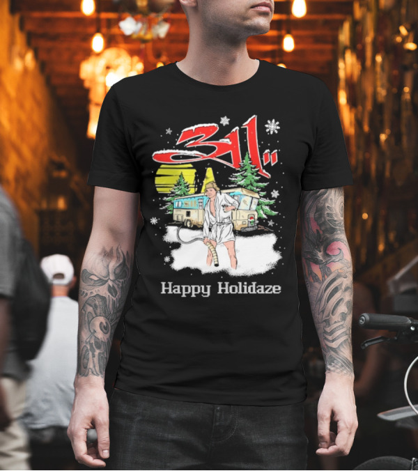 311 Happy Holidaze Christmas Vacation Scene with RV and Snowy Trees T-Shirt 311 Happy Holidaze Christmas Vacation Scene with RV and Snowy Trees T-Shirt