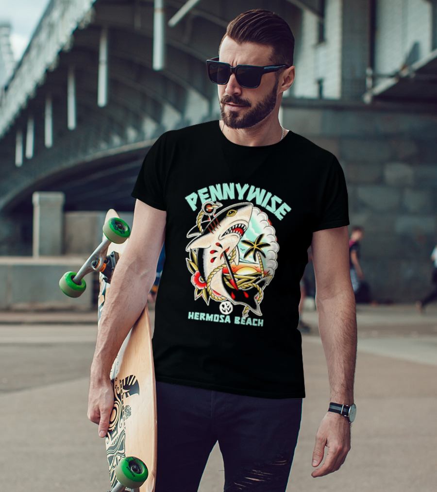 Pennywise Shark Hermosa Beach Sunset Palm Tattoo T-Shirt
