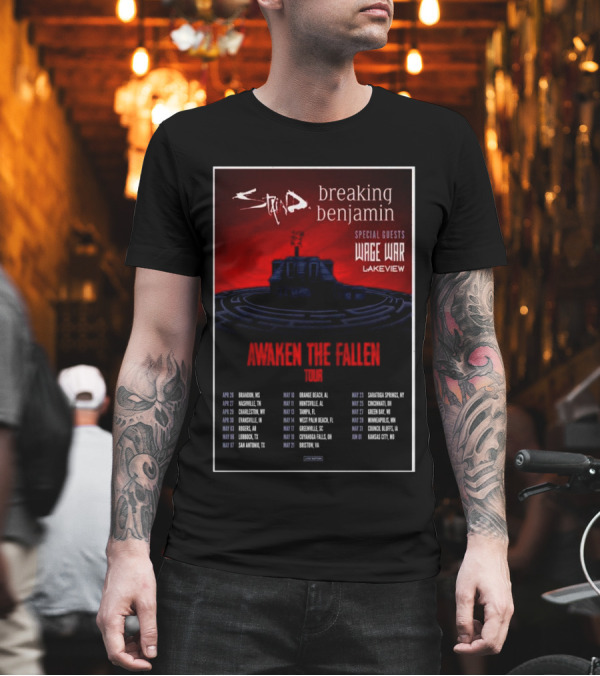 Staind Breaking Benjamin Awaken The Fallen Tour 2025 Special Guests Wage War Lakeview T-Shirt Staind Breaking Benjamin Awaken The Fallen Tour 2025 Special Guests Wage War Lakeview T-Shirt