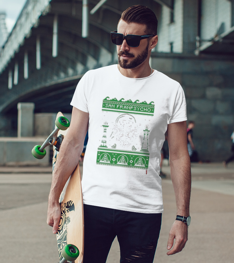 San Franpsycho Sfp Holiday Bridge Towers Snowflakes Green Holiday T-Shirt