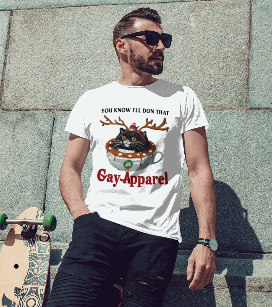 You Know I’ll Don That Gay Apparel Black Cat In Festive Antlers In Holiday Coffee Cup T-Shirt
