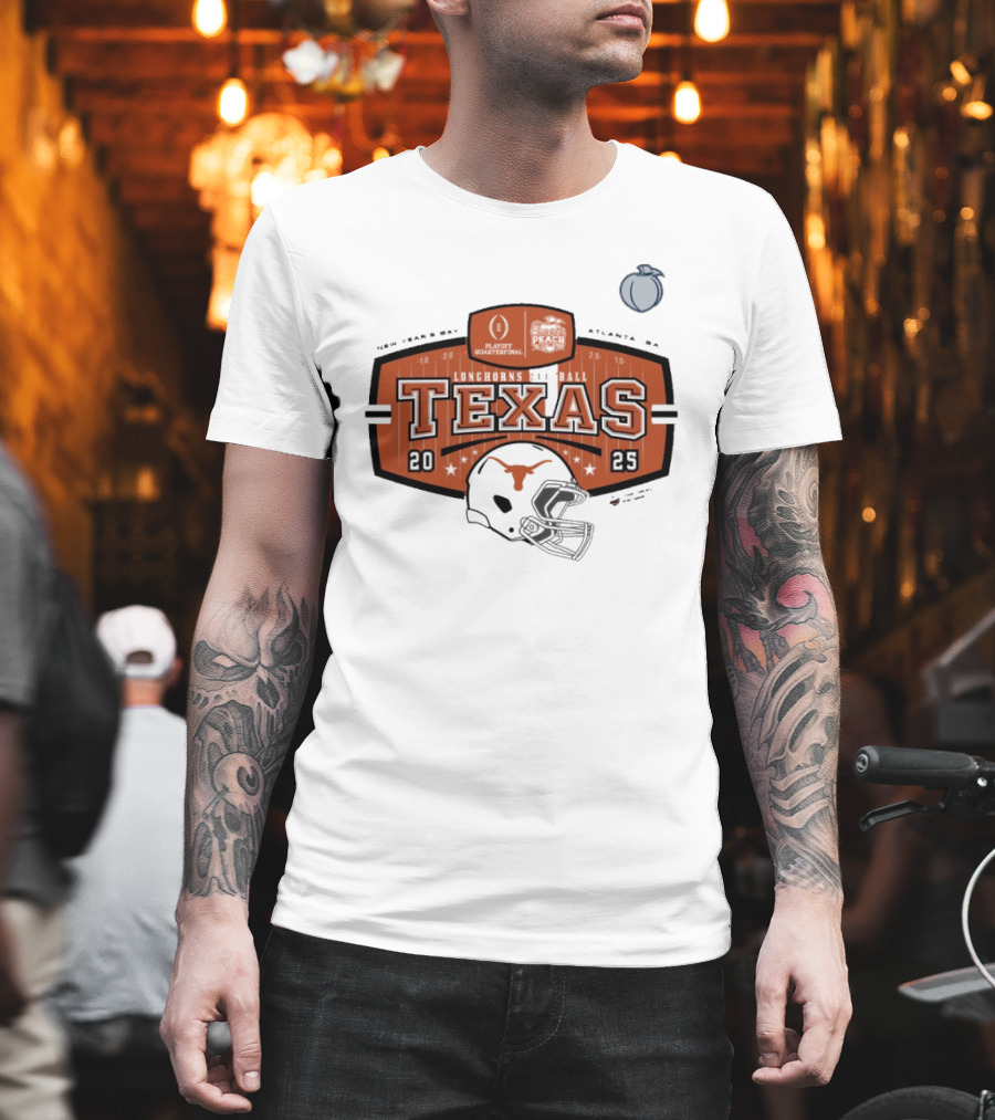 Texas Longhorns Football 2025 Peach Bowl Playoff Quarterfinal New Year’s Day Atlanta GA Helmet T-Shirt