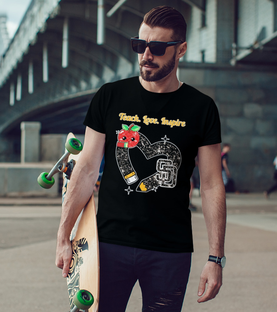 Teach Love Inspire San Diego Padres Sparkling Heart Apple Pencil T-Shirt