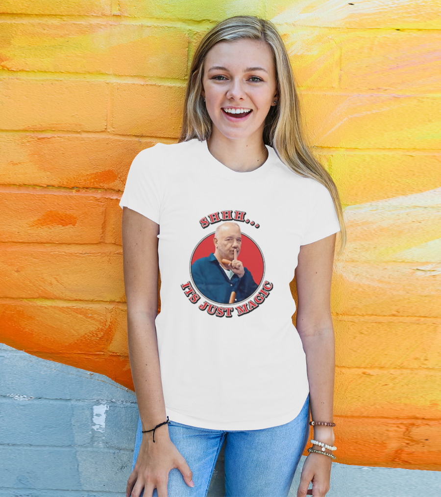Bob Mortimer Shhh It's Just Magic Finger Gesture Silence Humor T-Shirt