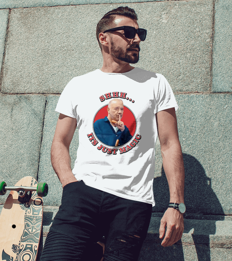 Bob Mortimer Shhh It's Just Magic Finger Gesture Silence Humor T-Shirt