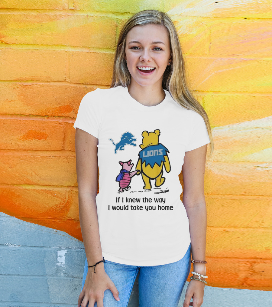 Detroit Lions Winnie The Pooh Piglet Walking Holding Hands T-Shirt