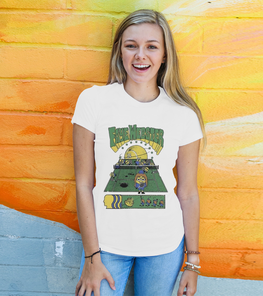 Faye Webster Brain Dead Tennis Court Scene With Yellow Characters And Sports Imagery T-Shirt