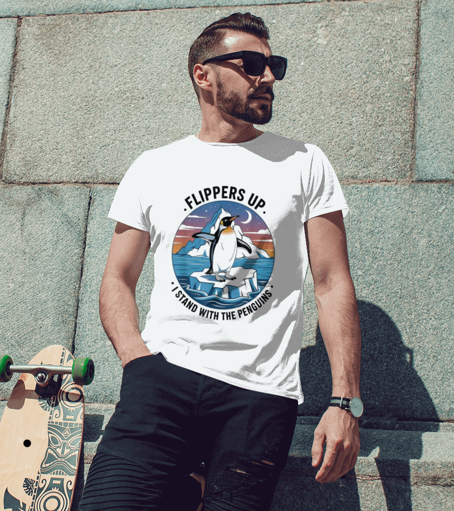 Flippers Up I Stand With The Penguins Iceberg Sunset Scene T-Shirt