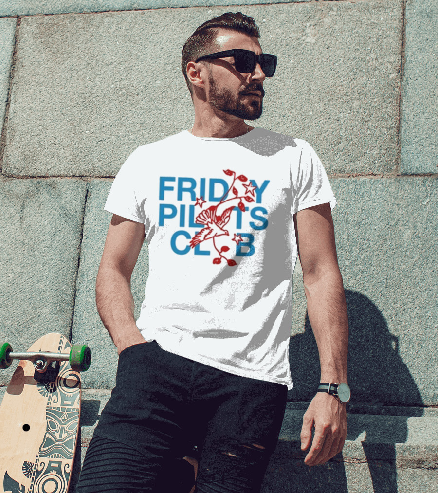 Friday Pilots Club Dove Red Bird Flowers Blue Text T-Shirt
