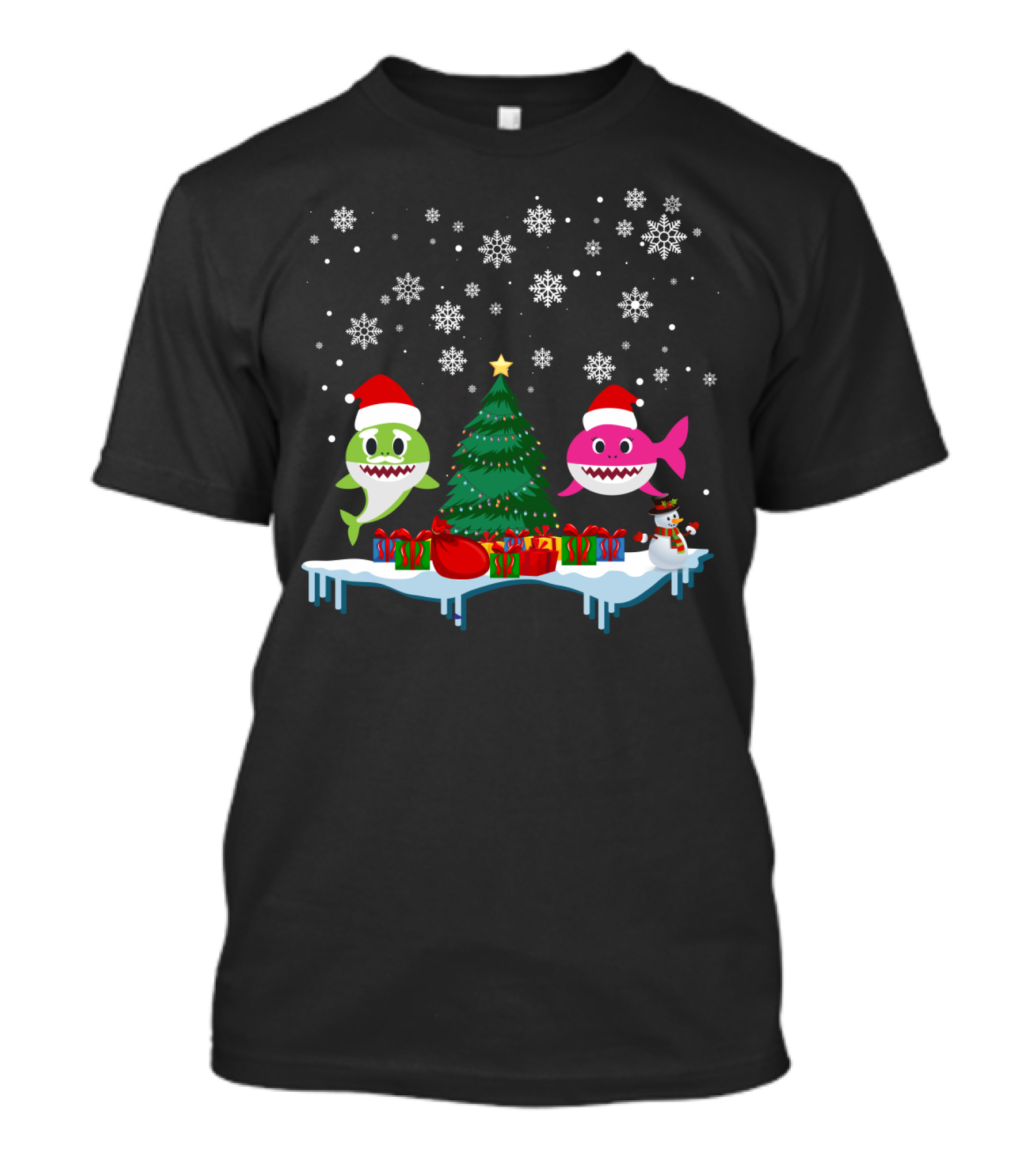 Baby Shark Merry Christmas Tree Snowflakes Santa Hats Gifts T-Shirt