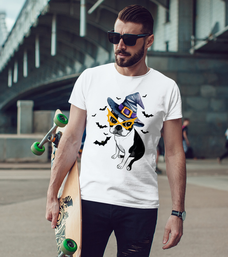 Boston Terrier Wears Witch Hat And Mask With Bats T-Shirt