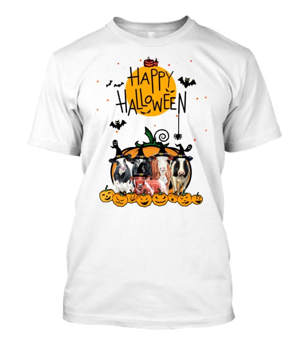Happy Halloween Cows With Pumpkin Hats And Bats T-Shirt