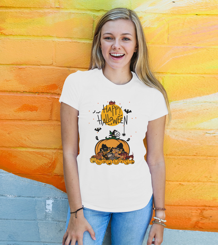 Happy Halloween Dachshunds With Witch Hats And Pumpkins T-Shirt