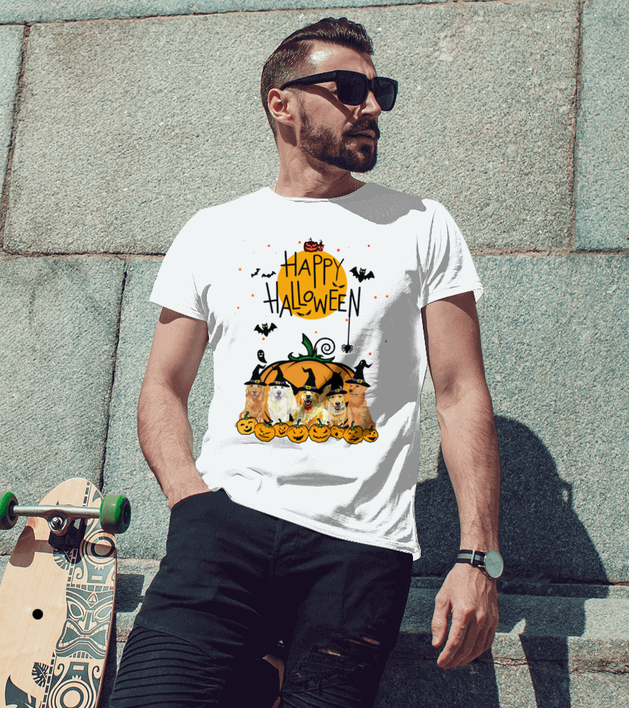 Happy Halloween Golden Retrievers In Witch Hats With Pumpkins T-Shirt
