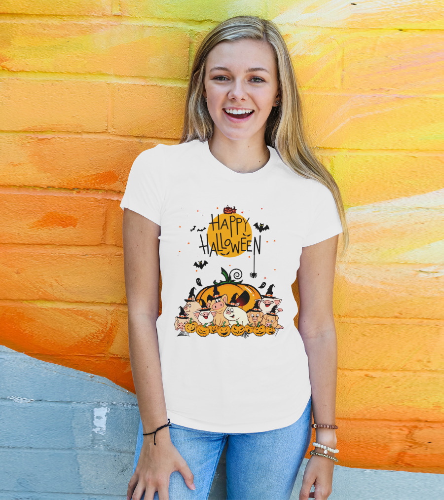 Happy Halloween Pig Pals With Pumpkins And Bats T-Shirt