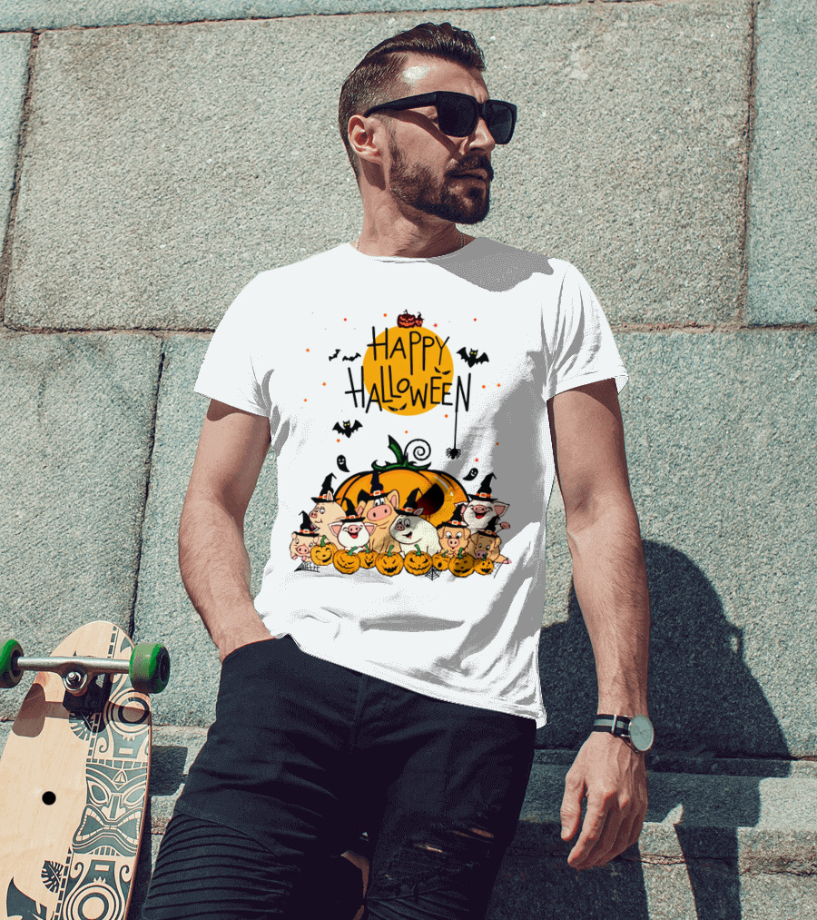 Happy Halloween Pig Pals With Pumpkins And Bats T-Shirt