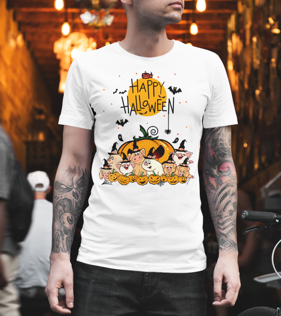 Happy Halloween Pig Pals With Pumpkins and Bats T-Shirt
