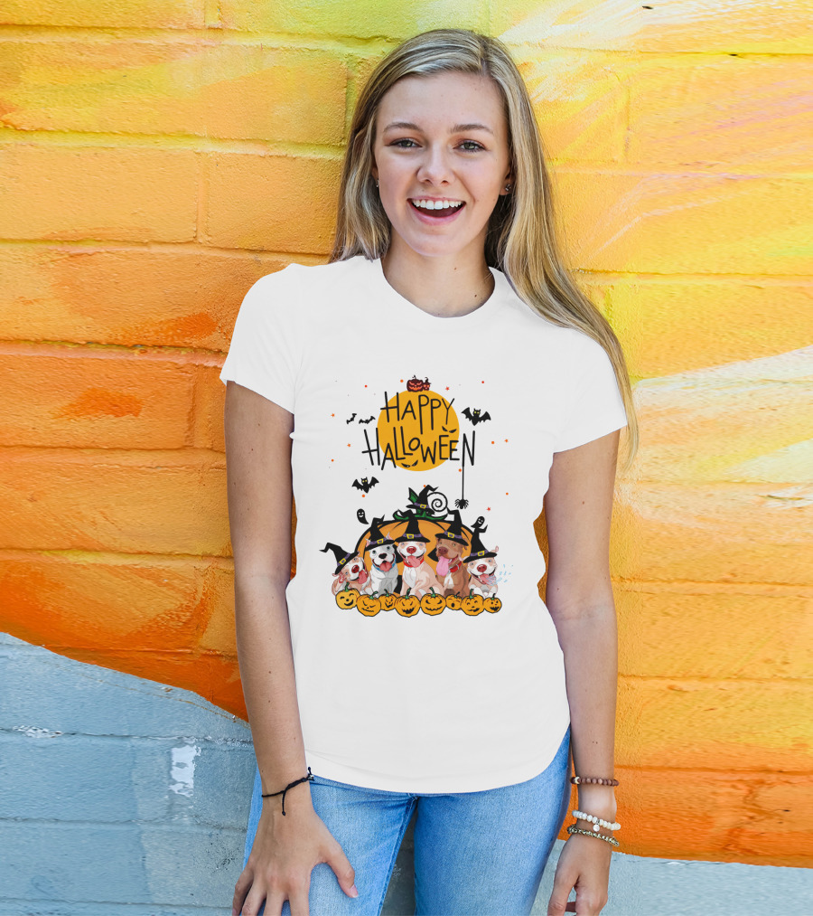 Happy Halloween Pitbulls Witch Hats Pumpkins Bats Ghosts Moon Spooky Dog T-Shirt