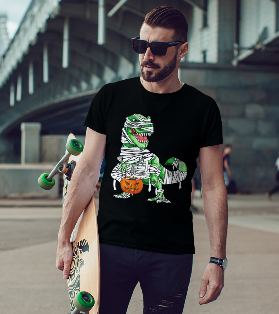 Halloween Pumpkin Mummy Dinosaur With Candy Bucket T-Shirt