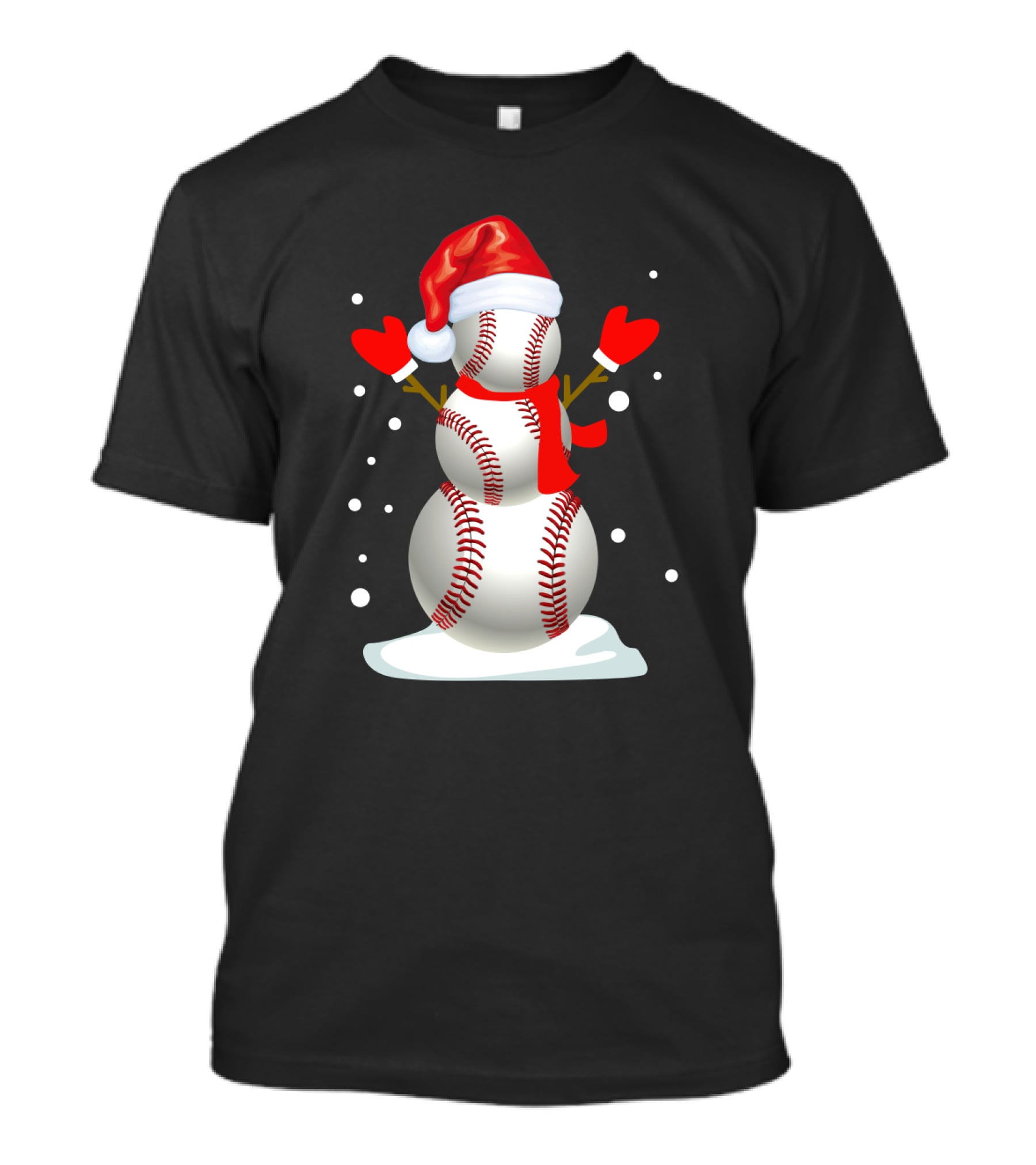 Baseball-Themed Snowman With Santa Hat And Mittens Winter Holiday T-Shirt