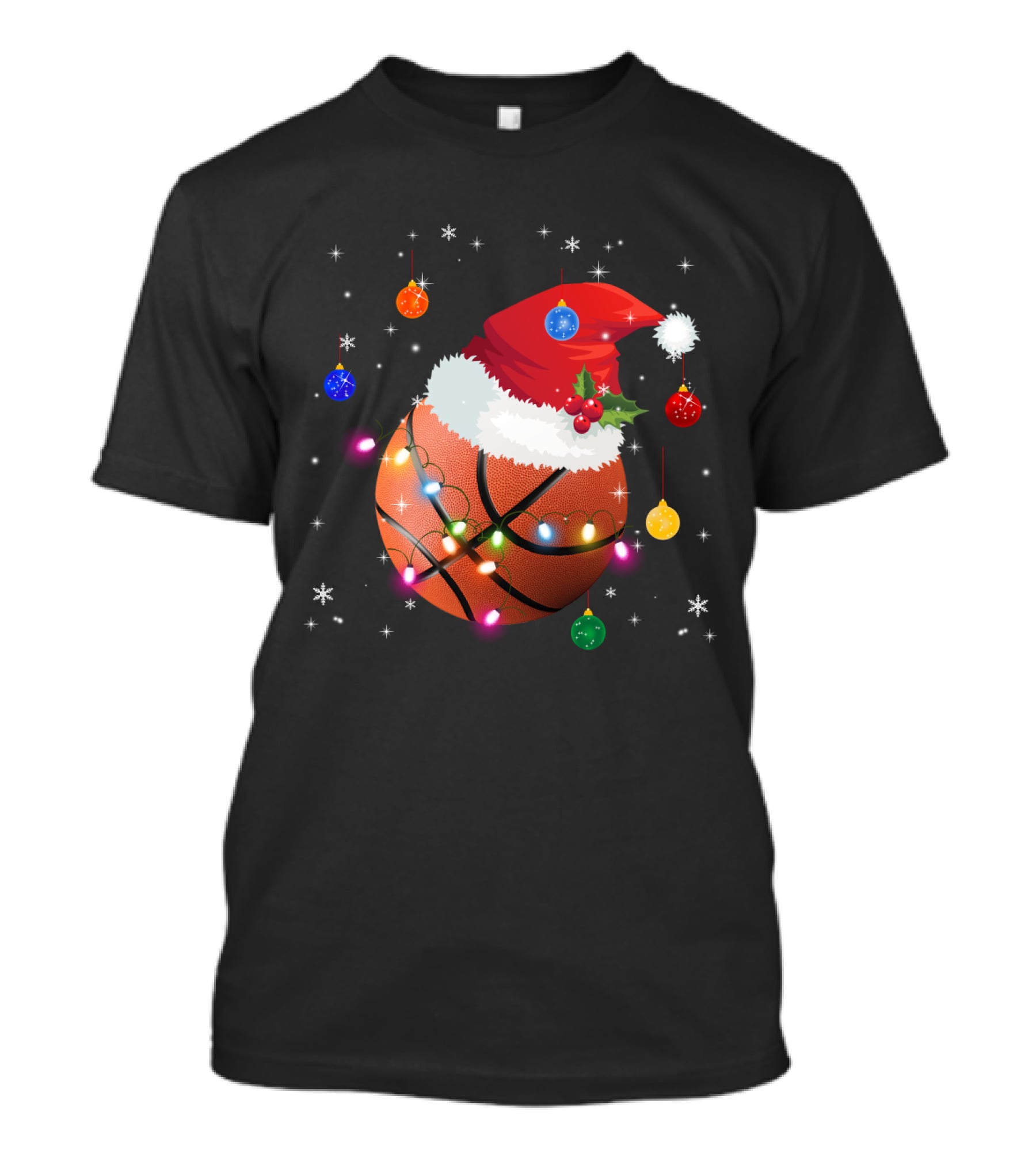 Santa Hat Basketball With Christmas Lights And Ornaments T-Shirt