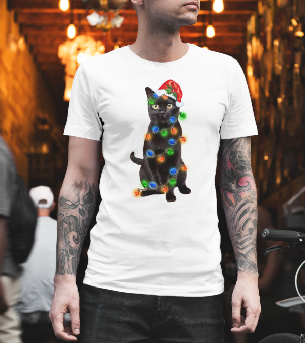 Santa Hat Black Cat Wrapped in Colorful Christmas Lights T-Shirt Santa Hat Black Cat Wrapped in Colorful Christmas Lights T-Shirt