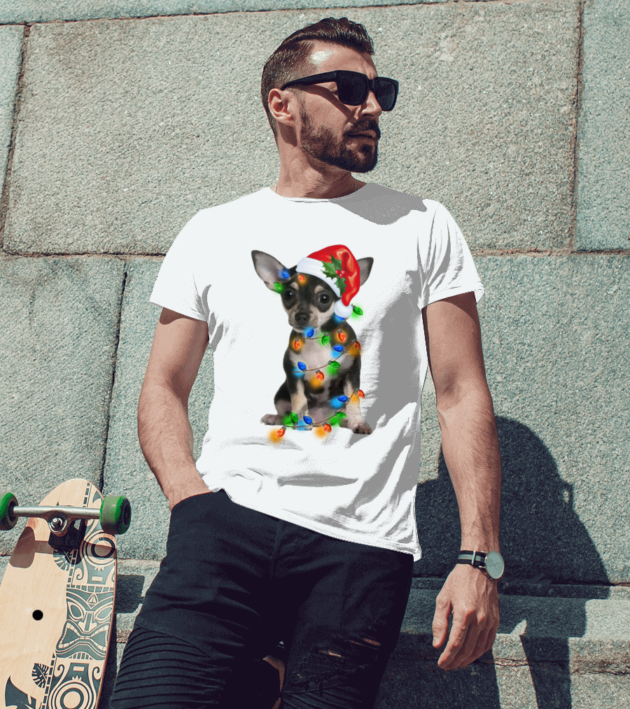 Black Chihuahua Wearing Santa Hat Wrapped In Colorful Christmas Lights T-Shirt