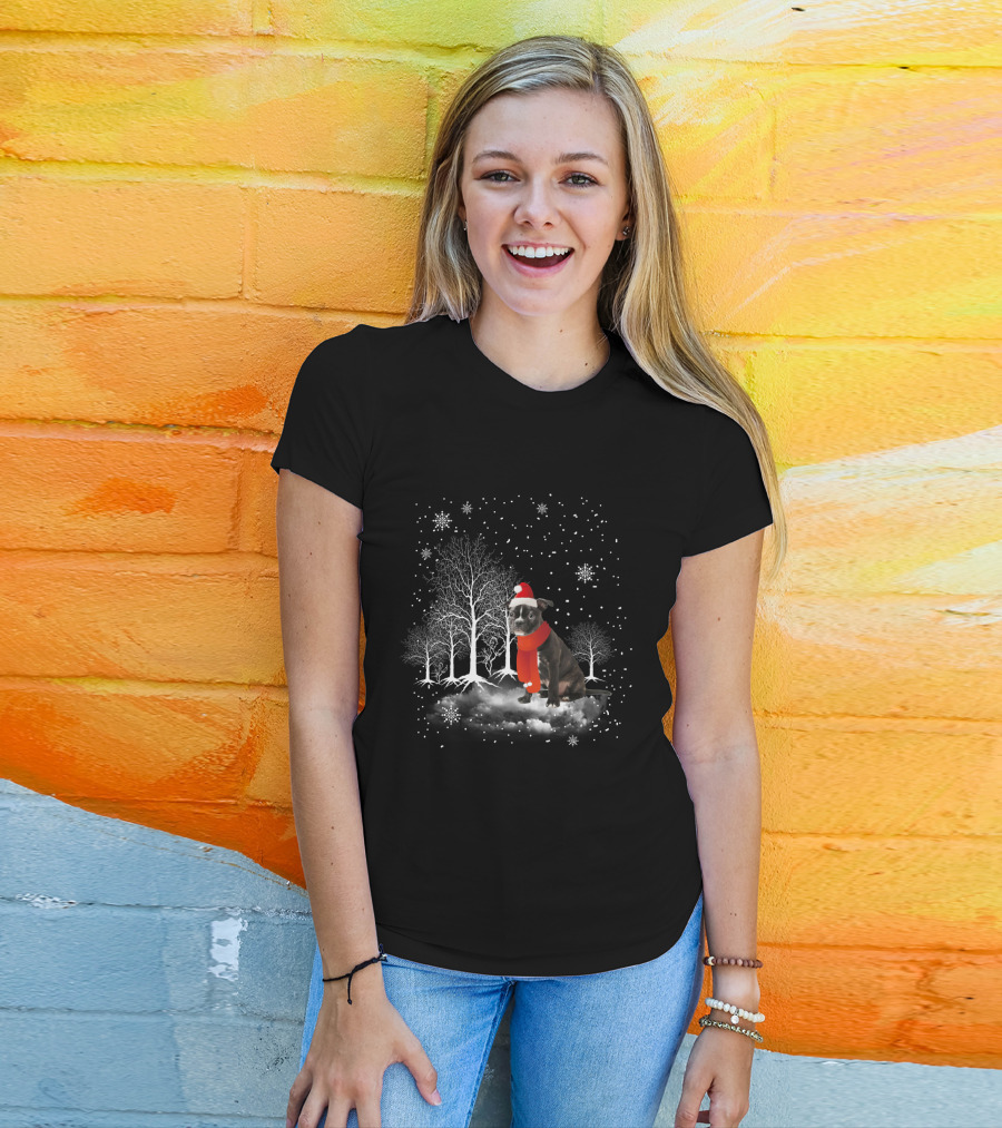 Boston Terrier In Snowy Winter Wonderland With Santa Hat And Scarf T-Shirt