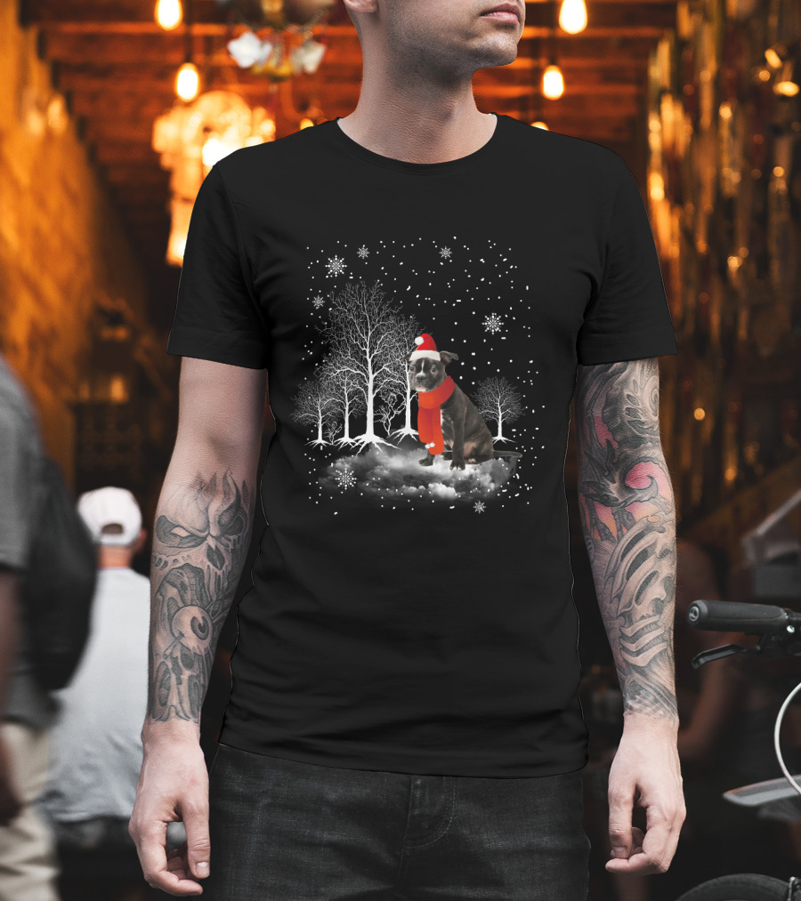 Boston Terrier In Snowy Winter Wonderland With Santa Hat And Scarf T-Shirt