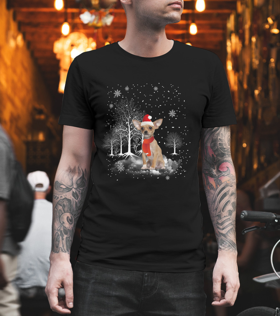 Chihuahua in Santa Hat with Snowflakes and Trees in Winter Wonderland T-Shirt