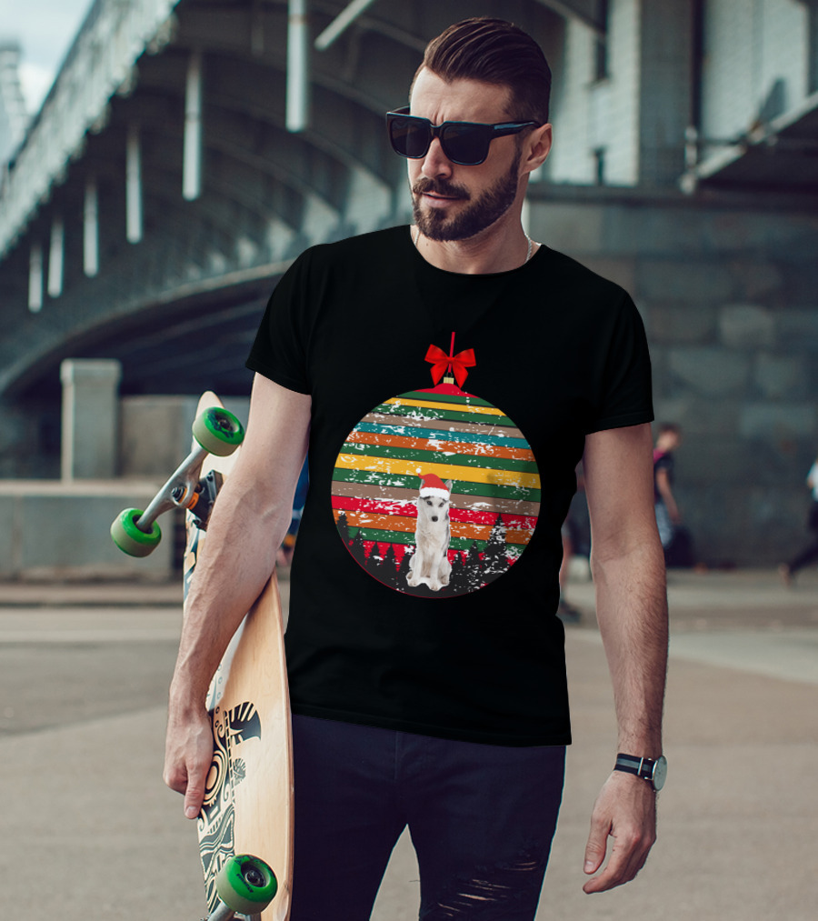 Christmas Husky With Santa Hat And Vintage Ornament Stripes T-Shirt