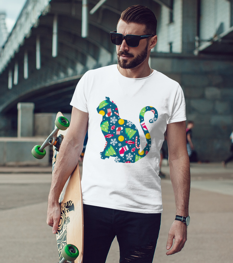 Christmas Cat Silhouette With Festive Trees And Ornaments T-Shirt