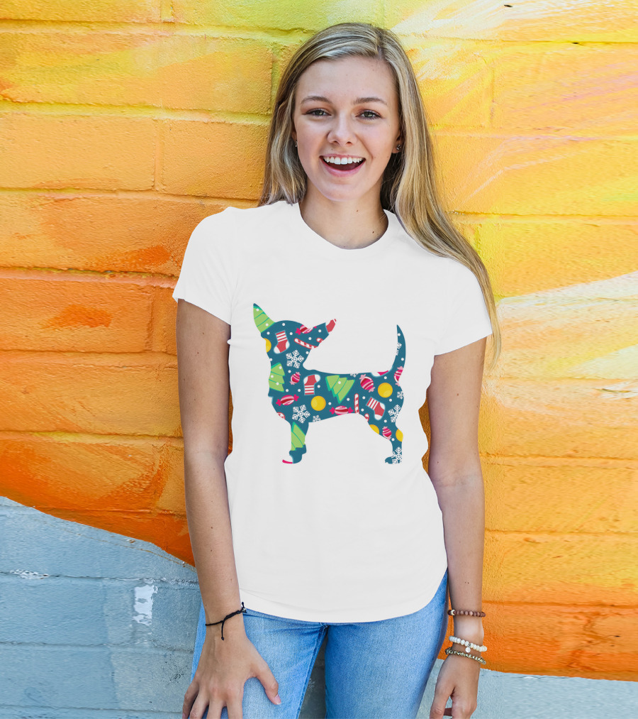 Chihuahua Christmas Candy Cane Snowflakes Holiday T-Shirt
