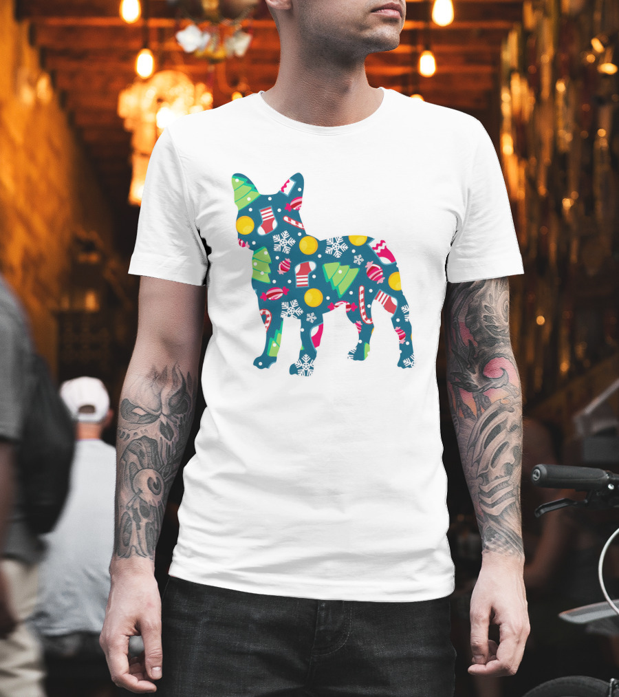 Dog Lover Christmas Frenchie Bulldog Pattern with Holiday Decorations T-Shirt