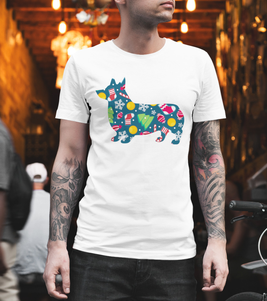 Corgi Silhouette with Candy Canes Ornaments Snowflakes and Christmas Trees for Dog Lovers T-Shirt