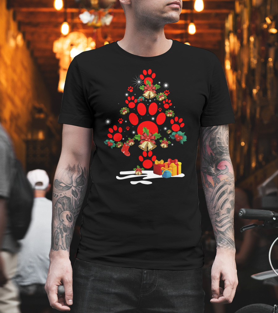 Dog Paw Christmas Tree With Bells And Holly T-Shirt