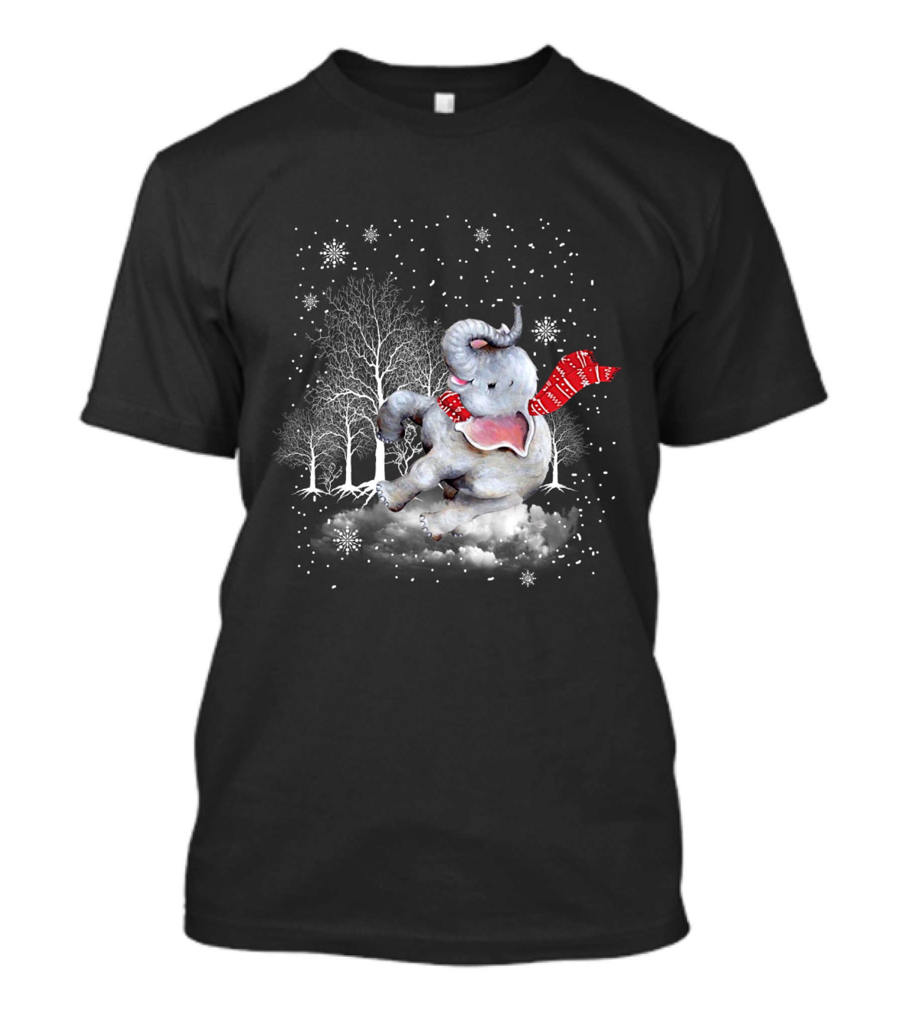 Elephant Christmas Snowflake Scarf Winter Forest Scene T-Shirt