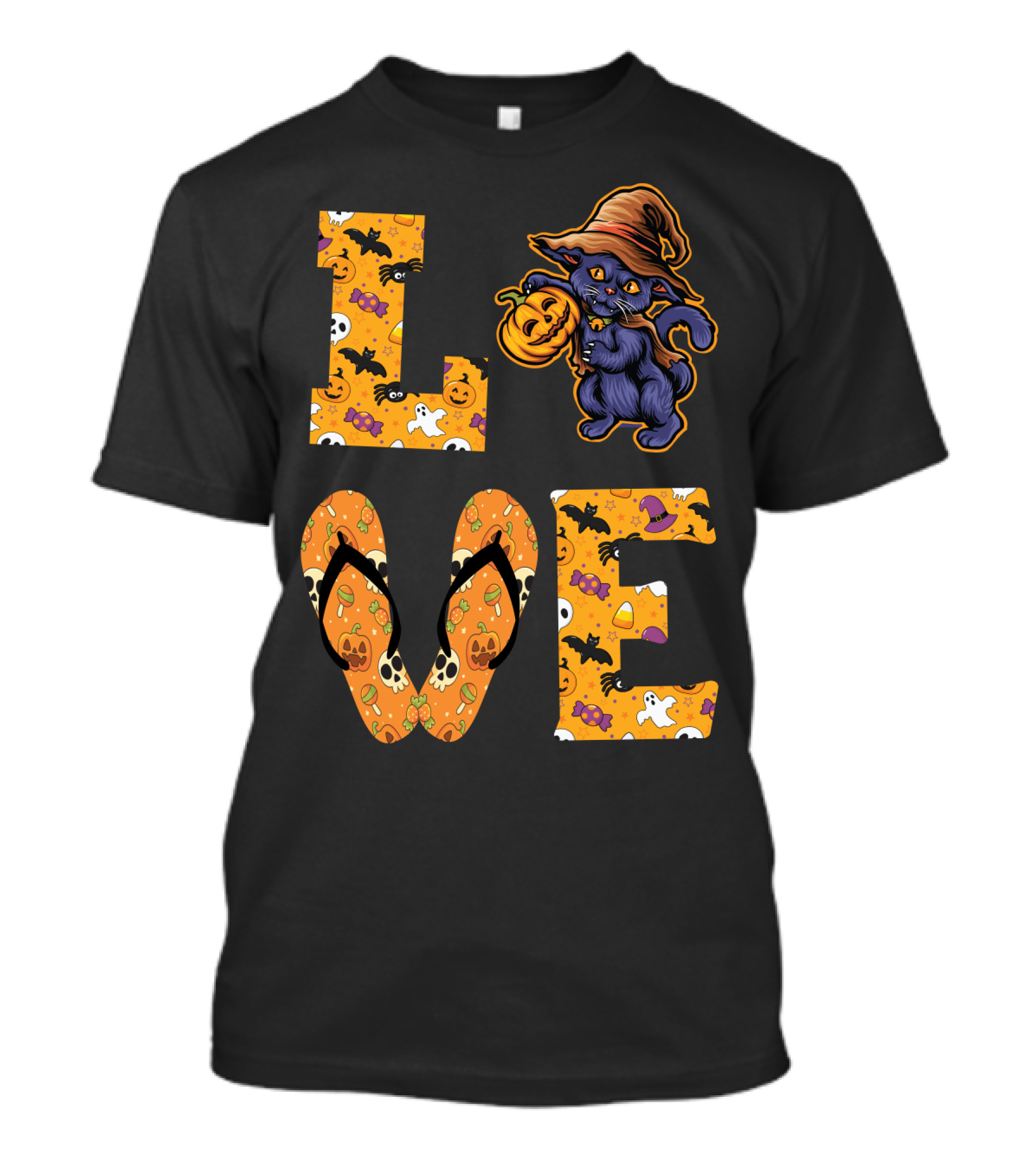 Love Halloween Cat With Witch Hat And Pumpkin T-Shirt