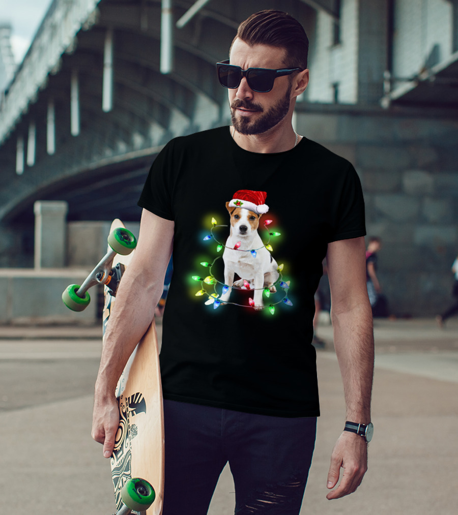 Jack Russell Terrier Holiday Lights Festive Santa Hat T-Shirt