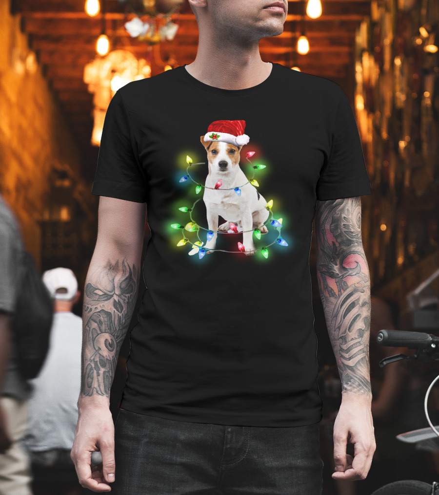 Jack Russell Terrier Holiday Lights Festive Santa Hat T-Shirt