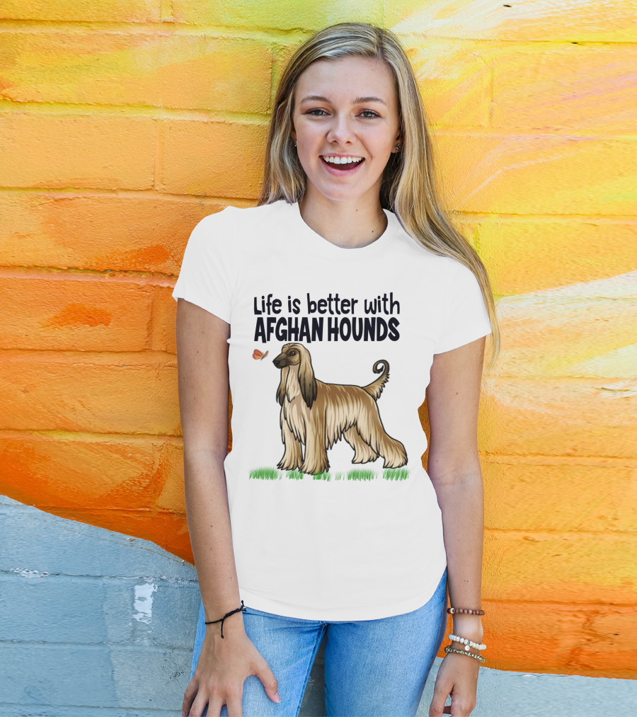 Life Is Better With Afghan Hounds Vintage Style Featuring Elegant Afghan Hound And Butterfly T-Shirt
