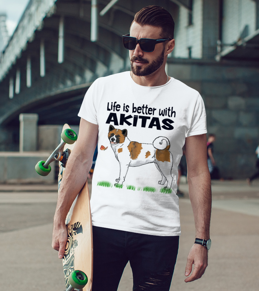 Life Is Better With Akitas Illustrated With Butterfly And Dog T-Shirt