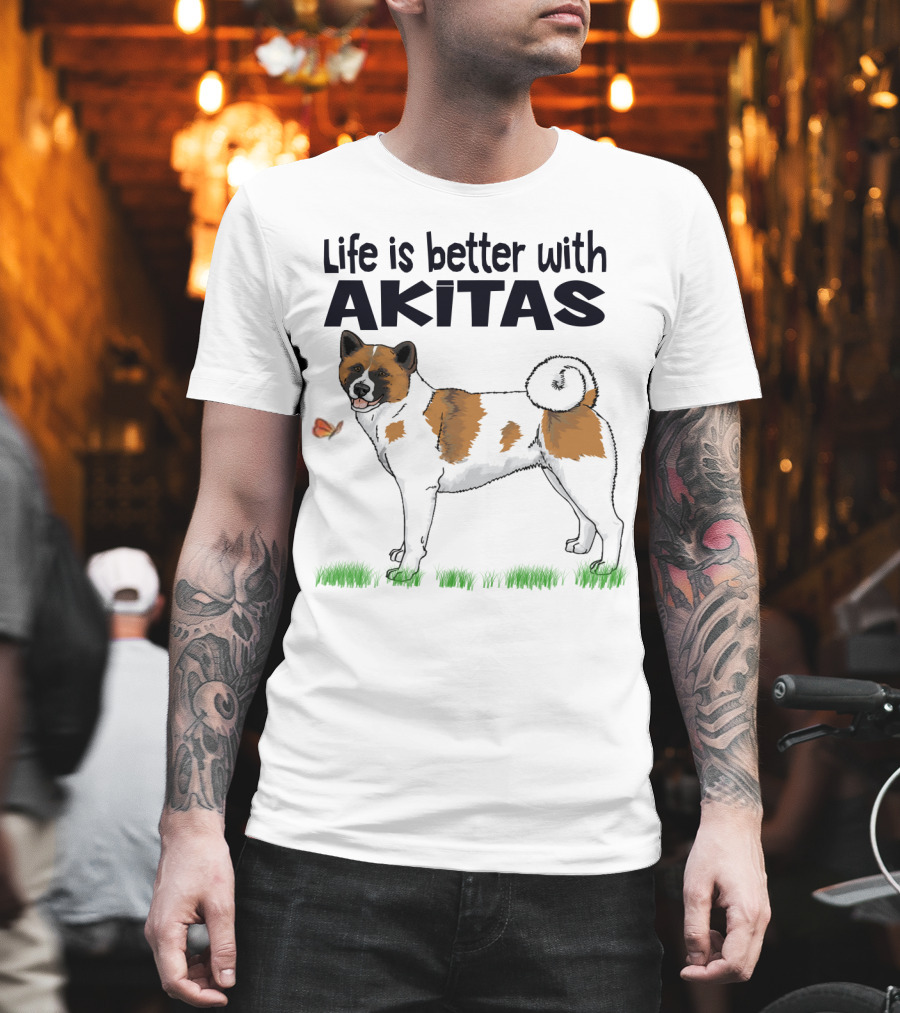 Life Is Better With Akitas Illustrated With Butterfly And Dog T-Shirt