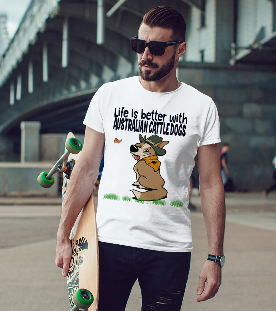 Life Is Better With Australian Cattle Dogs Playful Cartoon Wearing Hat And Scarf Sitting In Grass With Butterfly T-Shirt