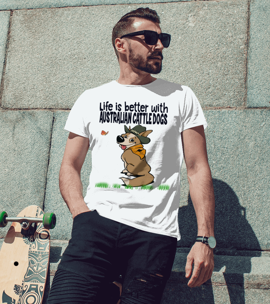 Life Is Better With Australian Cattle Dogs Playful Cartoon Wearing Hat And Scarf Sitting In Grass With Butterfly T-Shirt