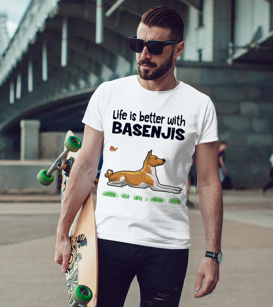 Life Is Better With Basenjis Dog 70s Retro Style Laying On Grass With Butterfly T-Shirt