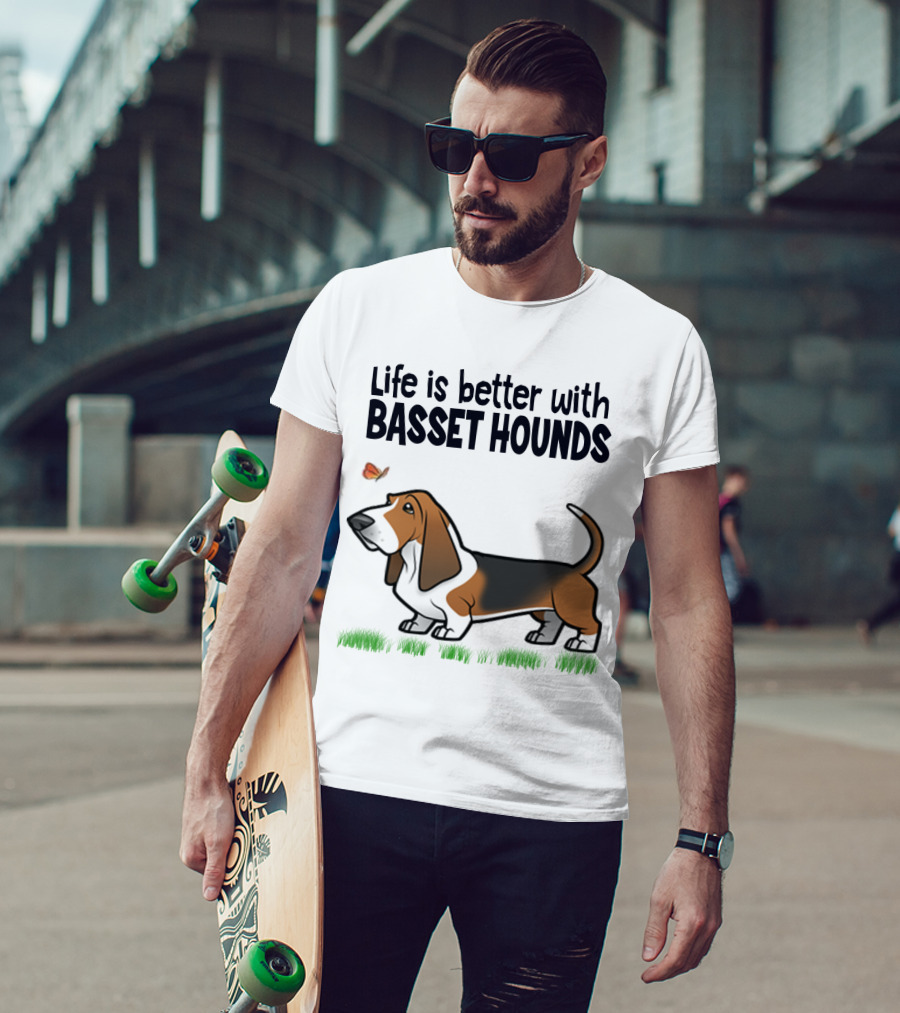 Life Is Better With Basset Hounds Butterfly And Dog Graphics On Grass T-Shirt