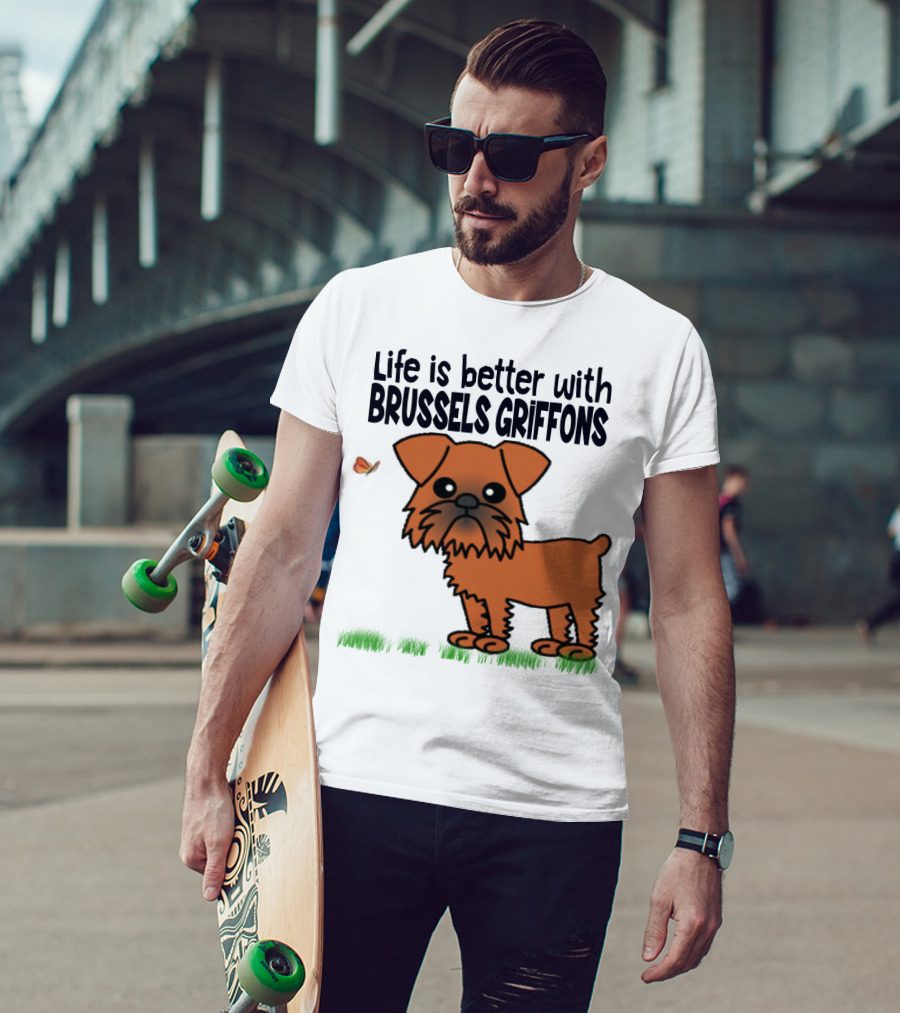 Life Is Better With Brussels Griffons Cartoon Dog And Butterfly T-Shirt