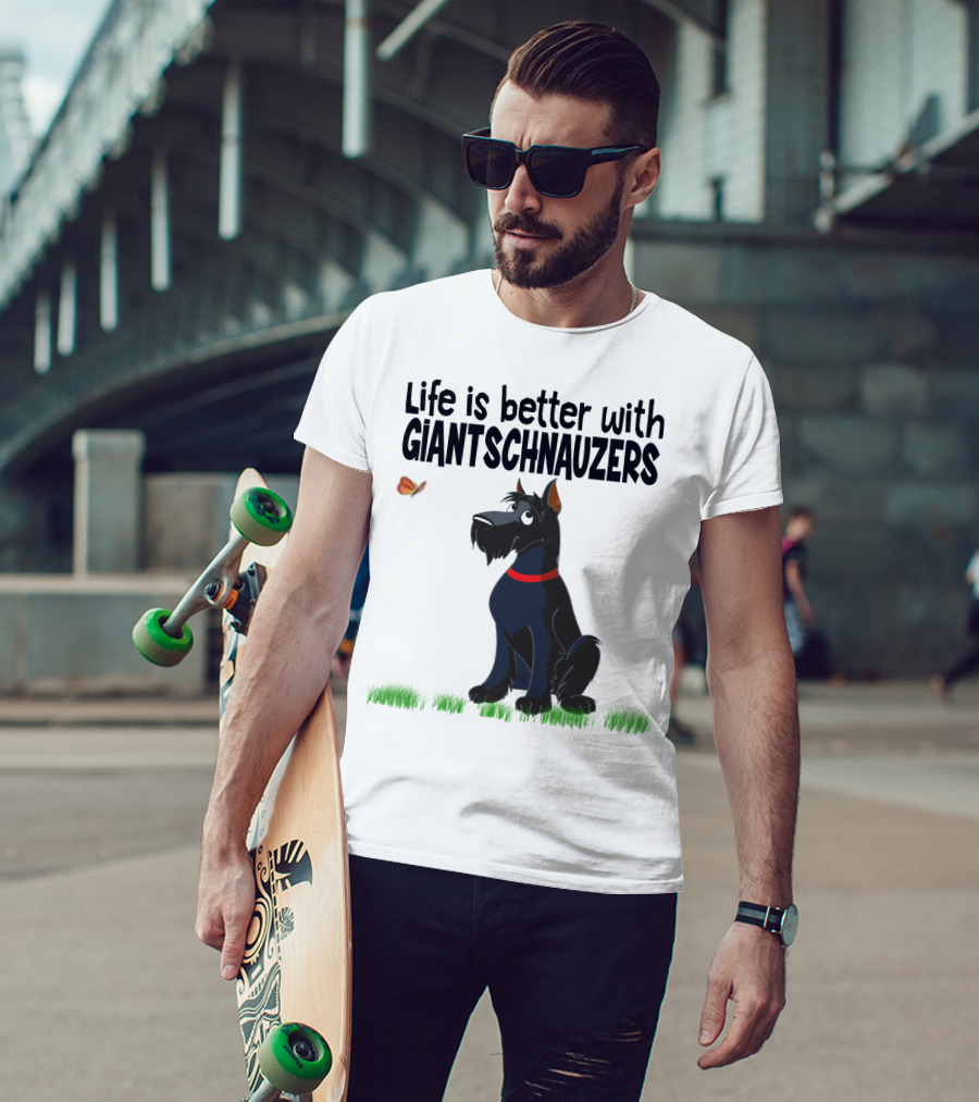 Life Is Better With Giant Schnauzers Playful Cartoon Dog And Butterfly In Grass T-Shirt