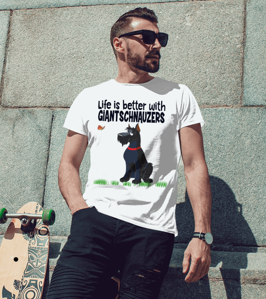 Life Is Better With Giant Schnauzers Playful Cartoon Dog And Butterfly In Grass T-Shirt
